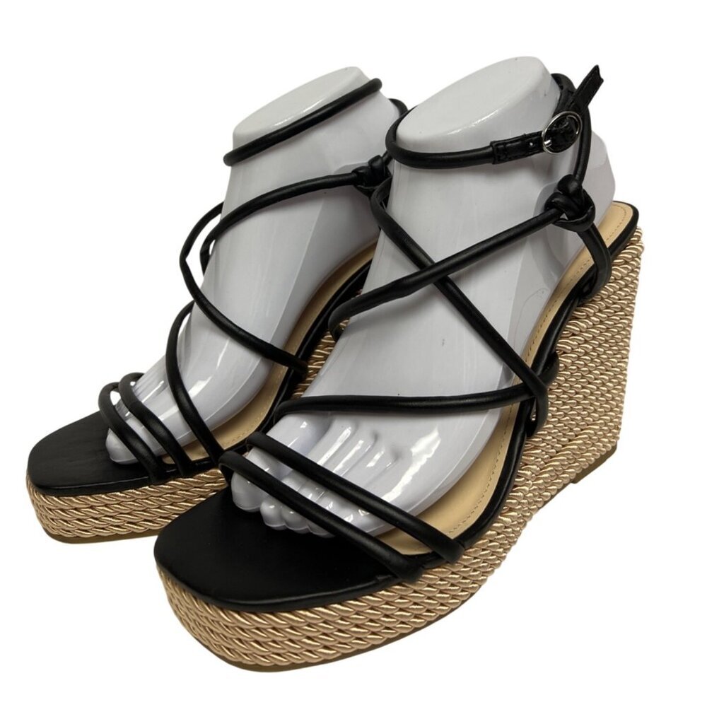 Marc Fisher Zesty Women's Sandal Wedge Strappy Black Woven Heel Size 9.5 New - Picture 2 of 9